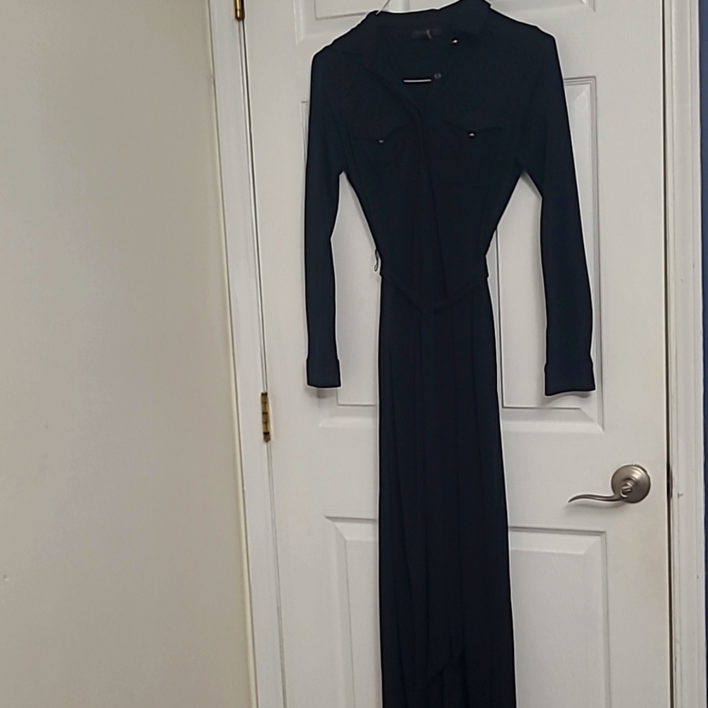 Donna Karan Black Maxi Dress Button Down Belted Double Pocket